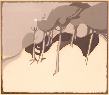 Geoffrey Lintott (20th. C), 'Pine dunes', signed in pencil, limited edition 1/10, linocut, 25.5 x 28.5cm